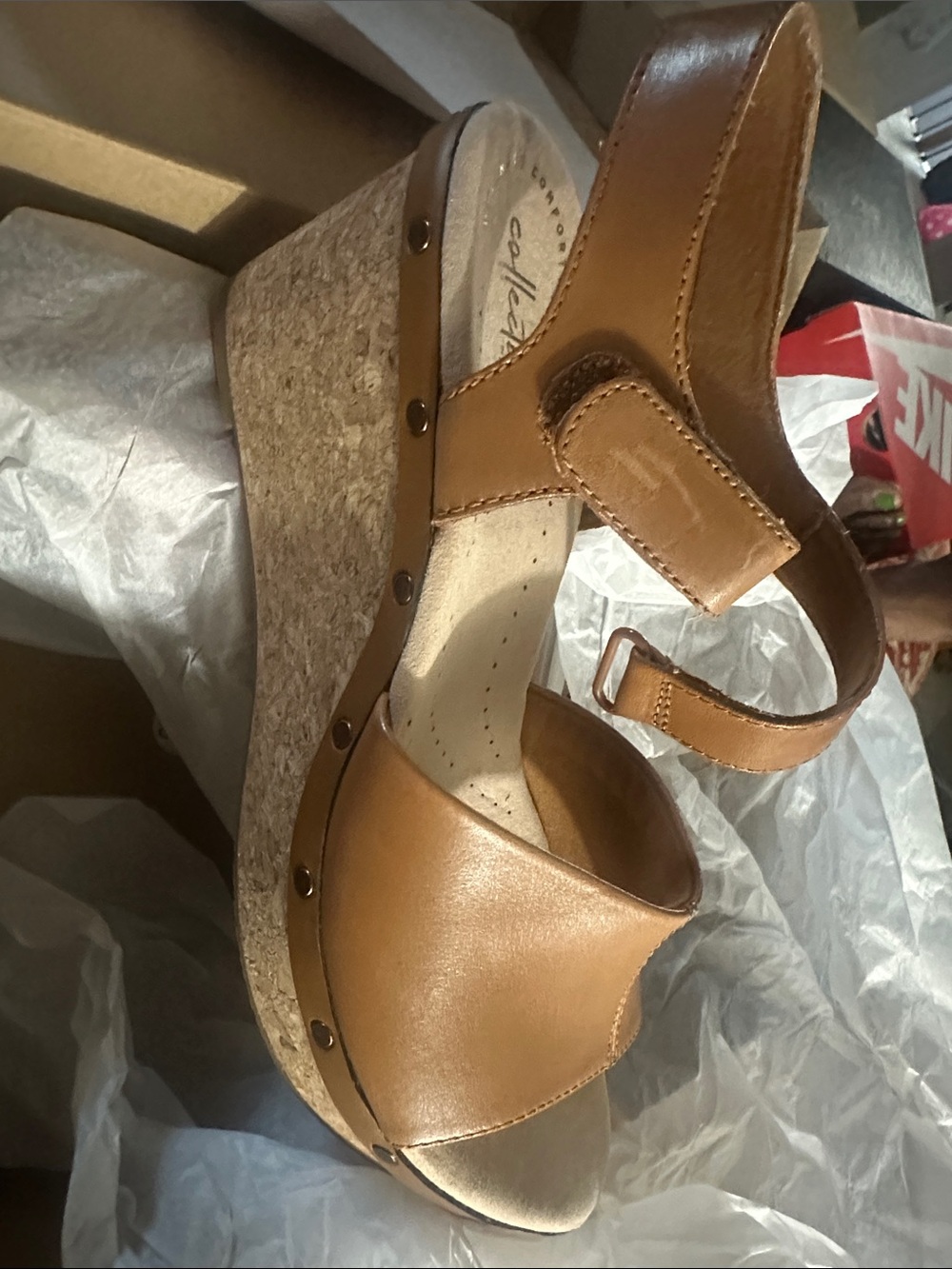 Clarks Tan Leather Cork-Style Wedge Sandals